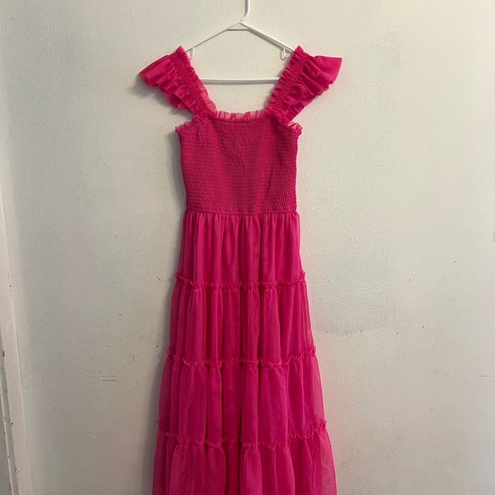 Fuchsia Smocked Mesh Ruffle Accent Maternity Midi Dress